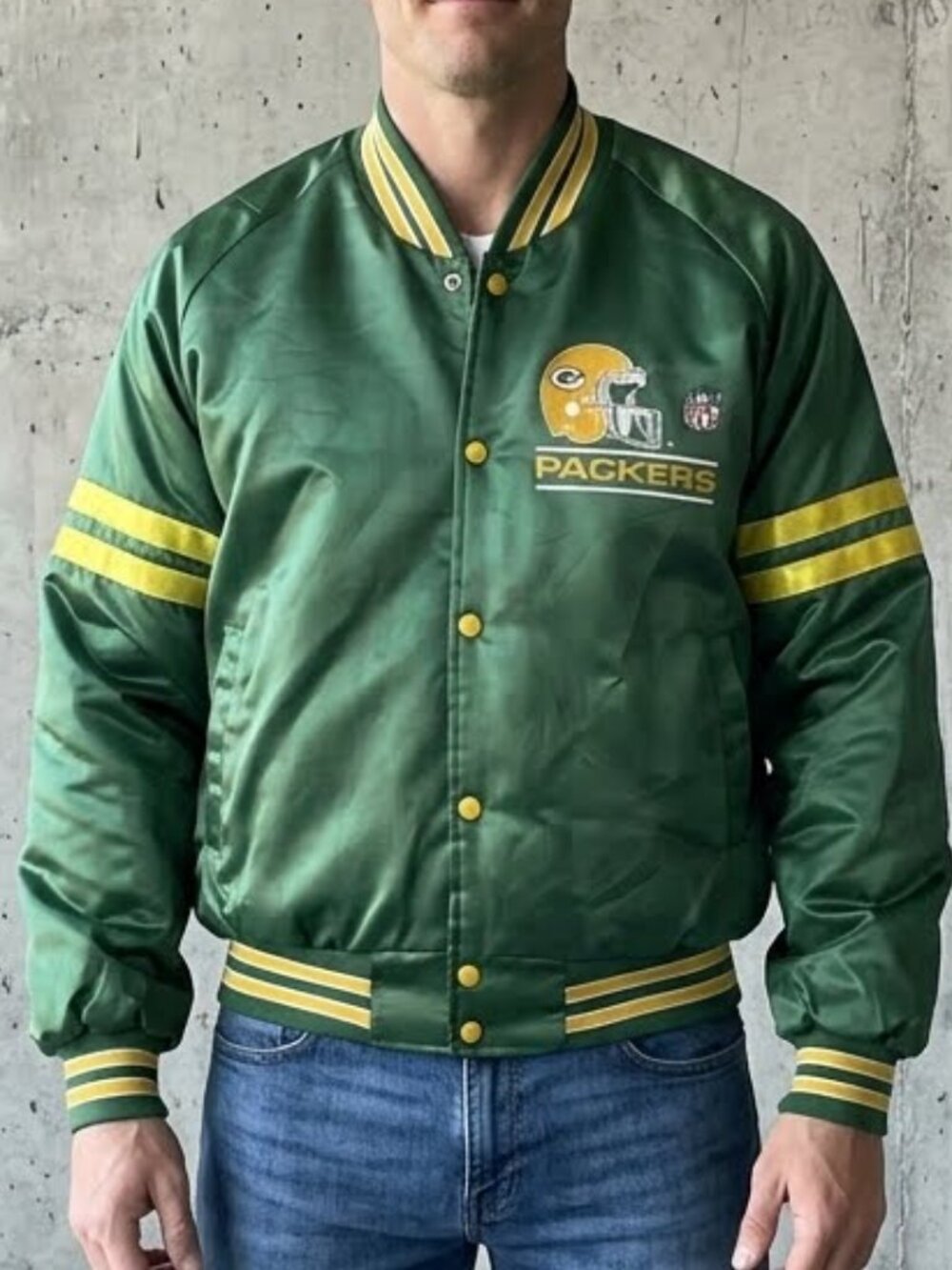 Vintage 1980's Chalk Line Green Bay Packers NFL Satin Bomber Jacket Men's XL